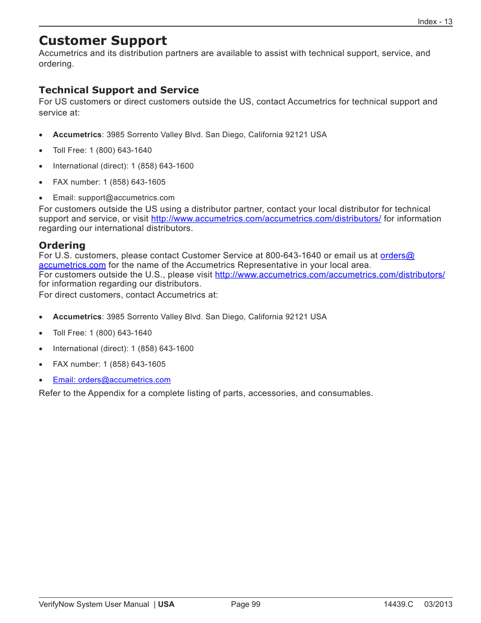 Customer support | ITC VerifyNow System Platelet Reactivity Test User Manual | Page 103 / 104