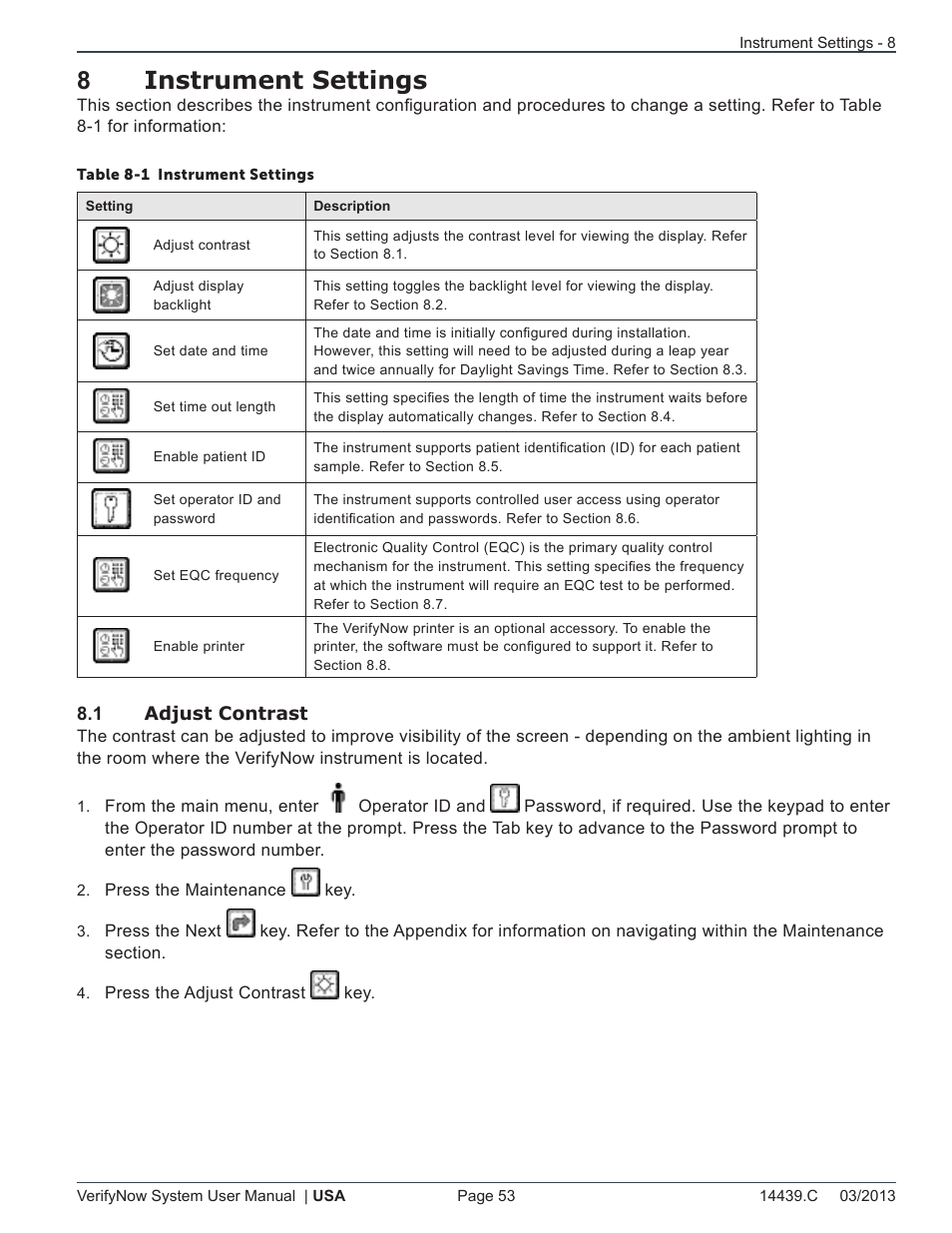8instrument settings | ITC VerifyNow System Platelet Reactivity Test User Manual | Page 57 / 104