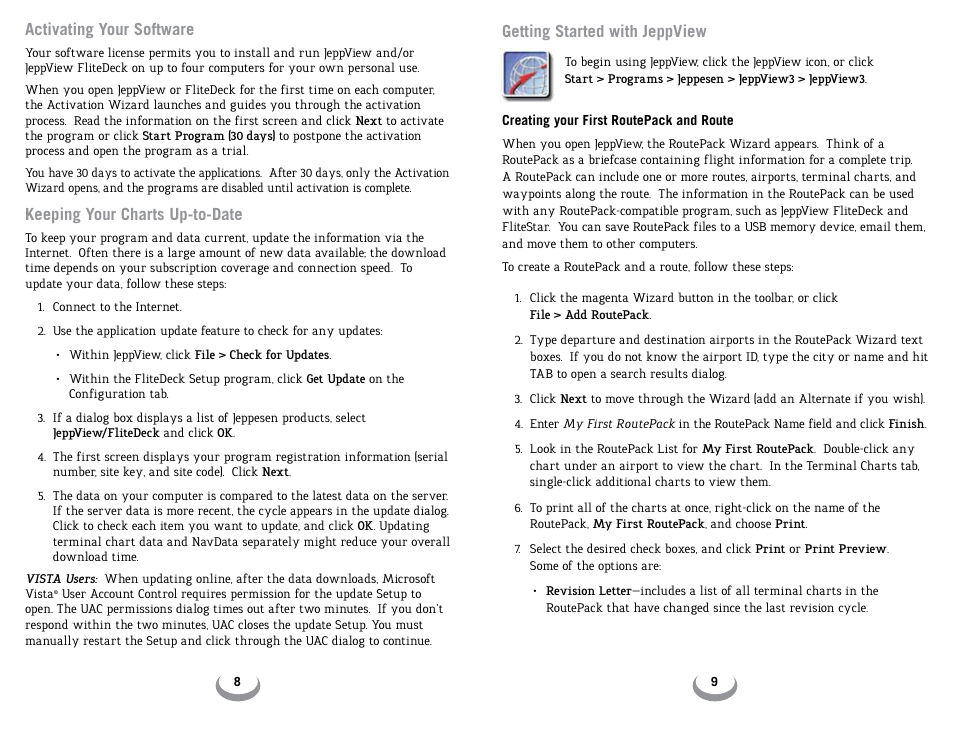 Activating your software, Keeping your charts up-to-date, Getting started with jeppview | Jeppesen JeppView 3 User Manual | Page 6 / 12
