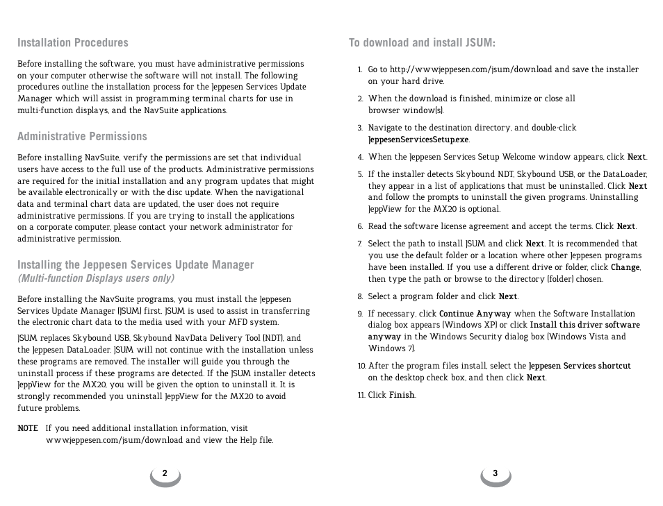 Installation procedures, Administrative permissions, Installing the jeppesen services update manager | Jeppesen JeppView 3 User Manual | Page 3 / 10