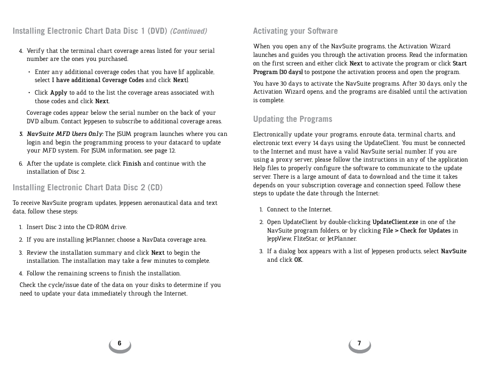 Installing electronic chart data disc 1 (dvd), Installing electronic chart data disc 2 (cd), Activating your software | Updating the programs | Jeppesen JeppView 3 User Manual | Page 5 / 10