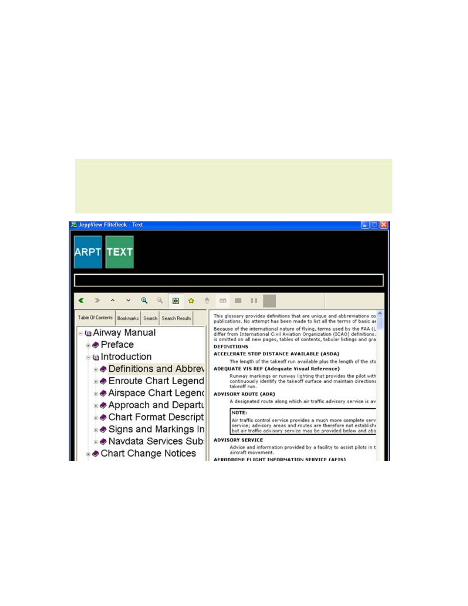 Airway manual text, Viewing the text pages | Jeppesen FliteDeck 3 User Manual | Page 69 / 270