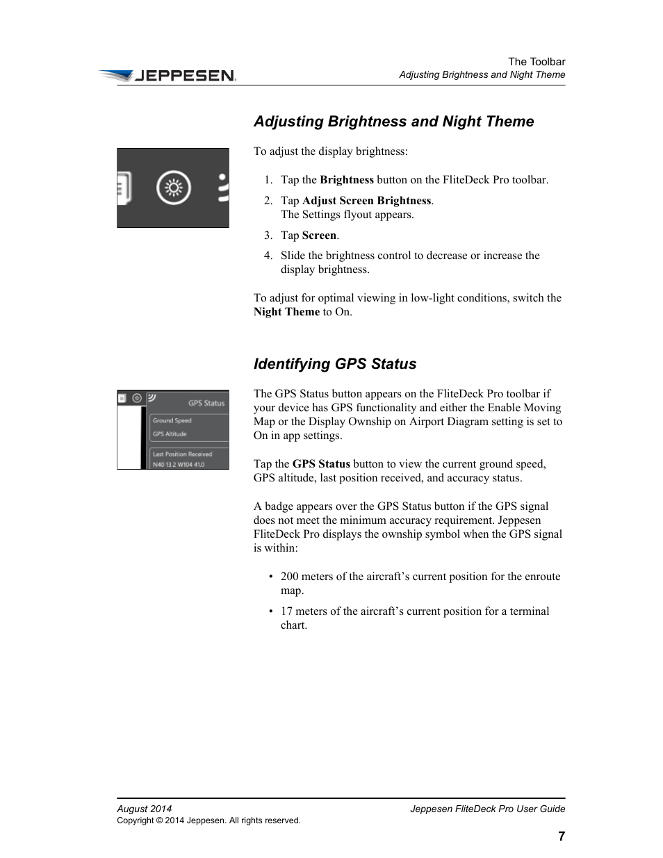 Adjusting brightness and night theme, Identifying gps status | Jeppesen FliteDeck Pro 8 (Windows 8.1) User Manual | Page 12 / 40