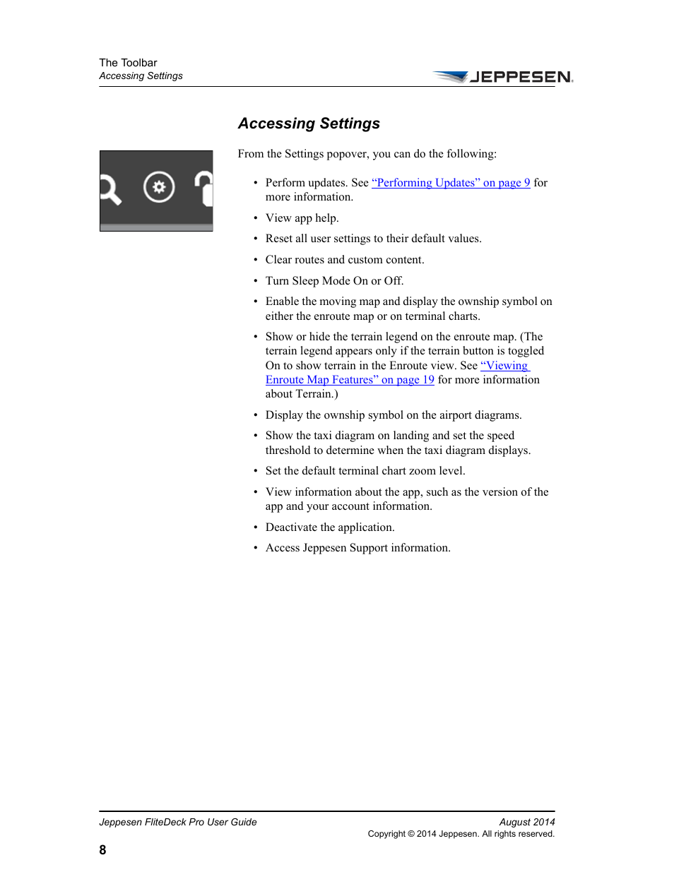 Accessing settings | Jeppesen FliteDeck Pro 8 (Windows 8.1) User Manual | Page 13 / 40