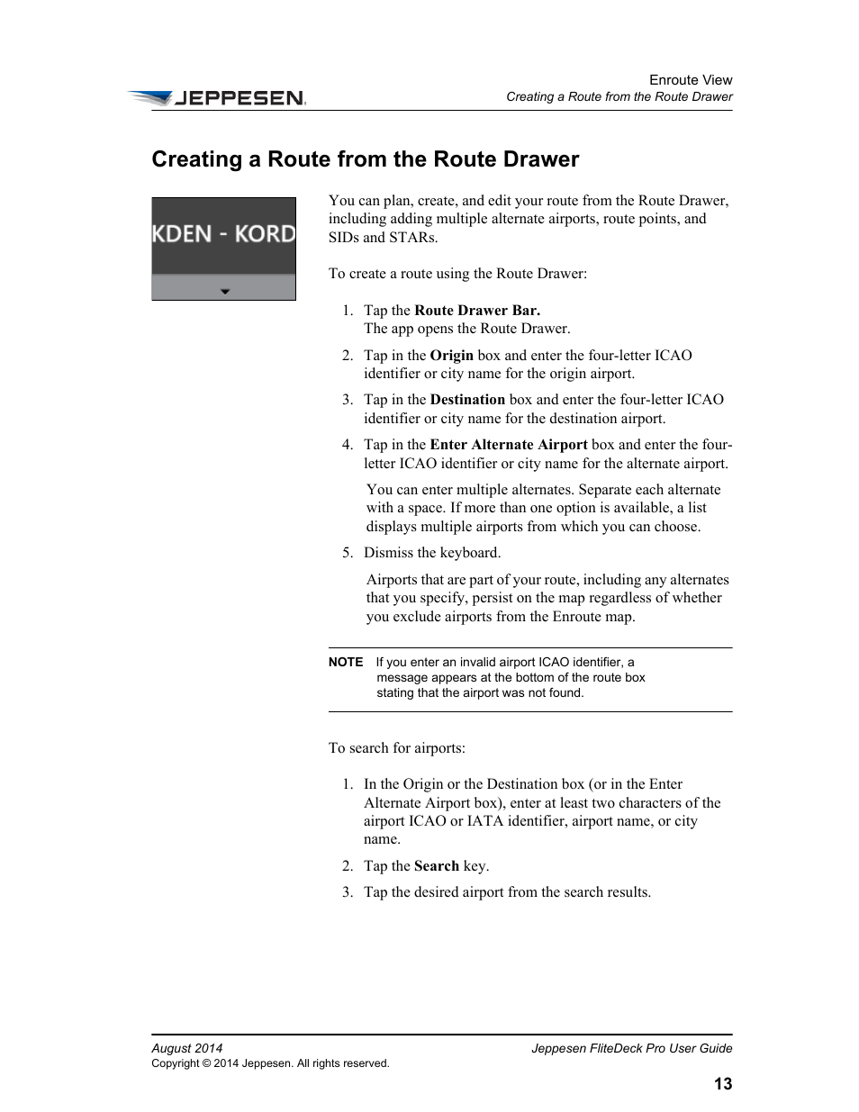 Creating a route from the route drawer | Jeppesen FliteDeck Pro 8 (Windows 8.1) User Manual | Page 18 / 40