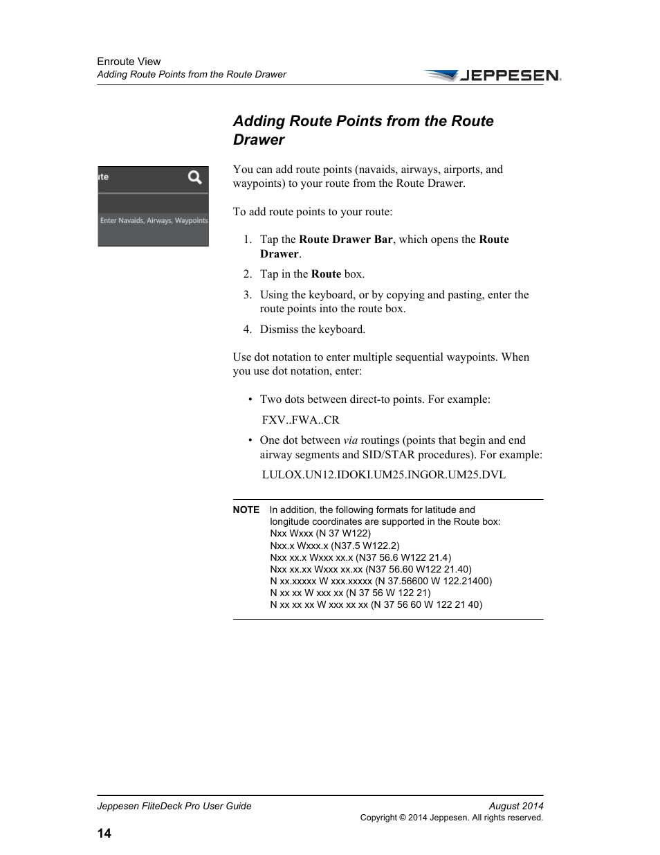 Adding route points from the route drawer | Jeppesen FliteDeck Pro 8 (Windows 8.1) User Manual | Page 19 / 40