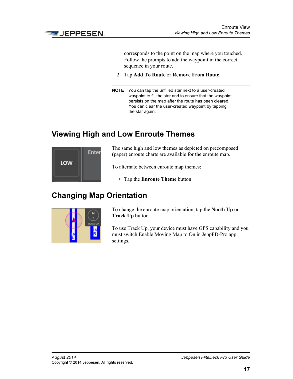 Viewing high and low enroute themes, Changing map orientation | Jeppesen FliteDeck Pro 8 (Windows 8.1) User Manual | Page 22 / 40