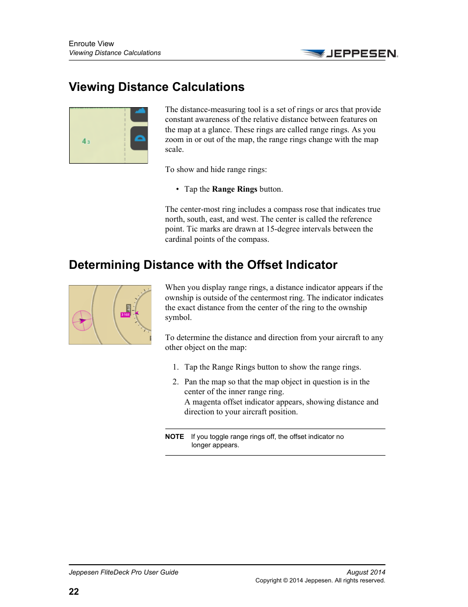 Viewing distance calculations, Determining distance with the offset indicator | Jeppesen FliteDeck Pro 8 (Windows 8.1) User Manual | Page 27 / 40