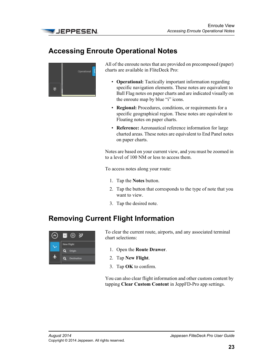 Accessing enroute operational notes, Removing current flight information | Jeppesen FliteDeck Pro 8 (Windows 8.1) User Manual | Page 28 / 40