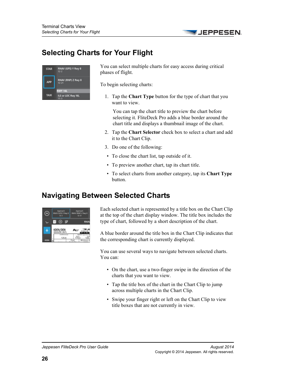 Selecting charts for your flight, Navigating between selected charts | Jeppesen FliteDeck Pro 8 (Windows 8.1) User Manual | Page 31 / 40