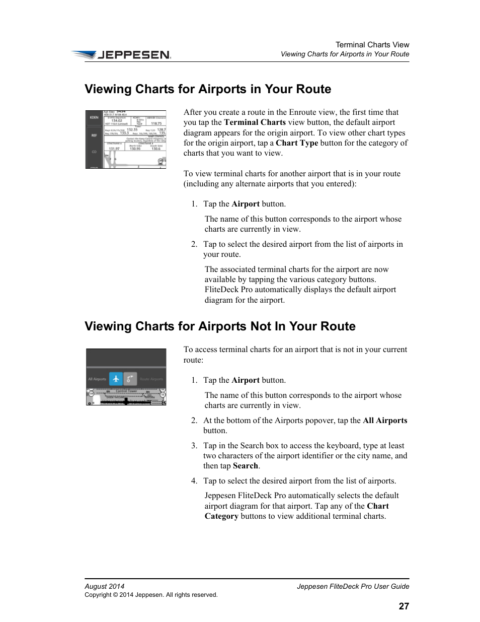 Viewing charts for airports in your route, Viewing charts for airports not in your route | Jeppesen FliteDeck Pro 8 (Windows 8.1) User Manual | Page 32 / 40