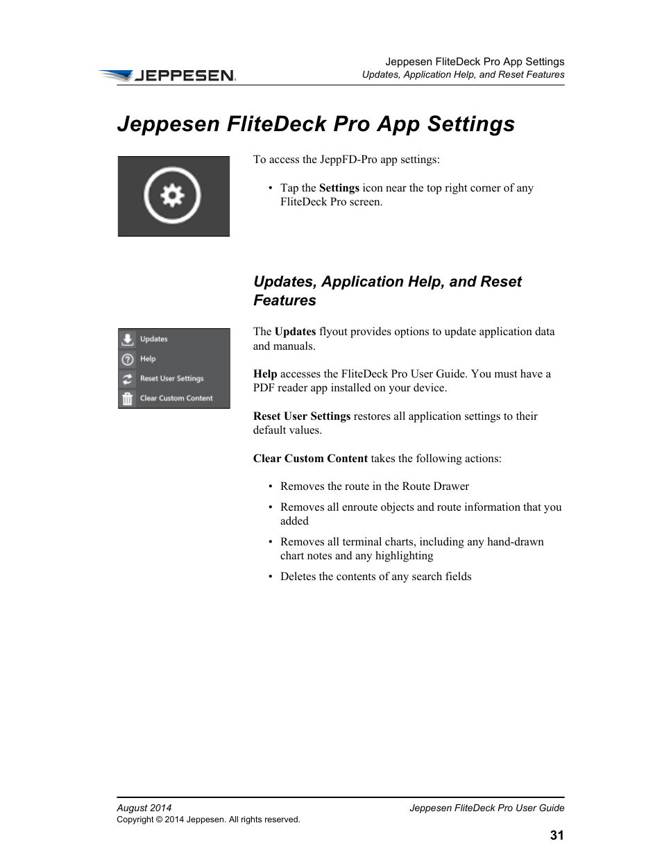 Jeppesen flitedeck pro app settings, Updates, application help, and reset features | Jeppesen FliteDeck Pro 8 (Windows 8.1) User Manual | Page 36 / 40