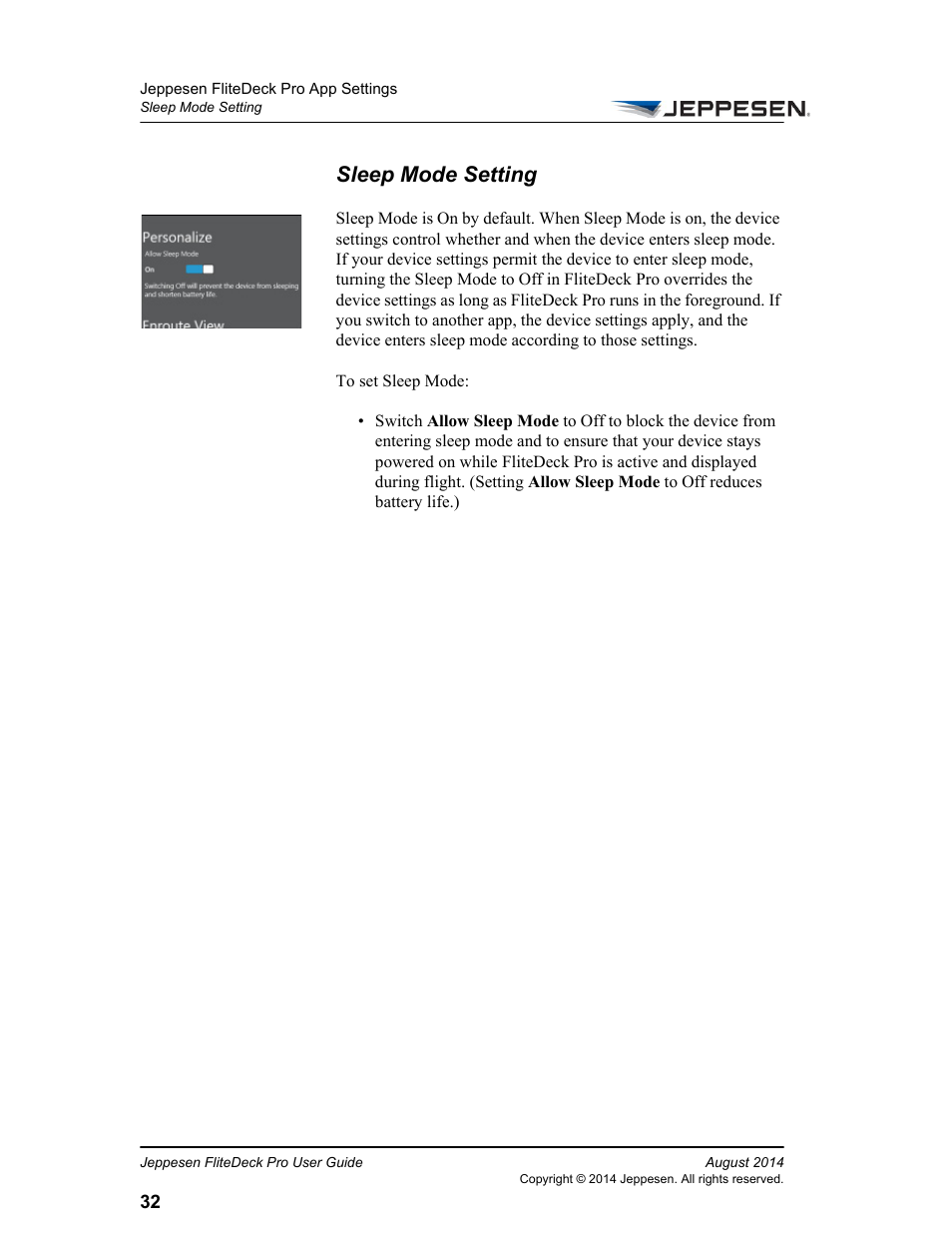 Sleep mode setting | Jeppesen FliteDeck Pro 8 (Windows 8.1) User Manual | Page 37 / 40