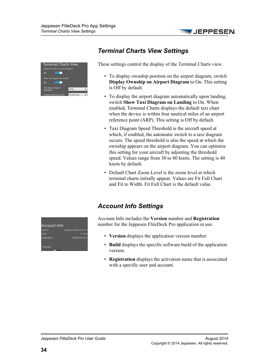 Terminal charts view settings, Account info settings | Jeppesen FliteDeck Pro 8 (Windows 8.1) User Manual | Page 39 / 40