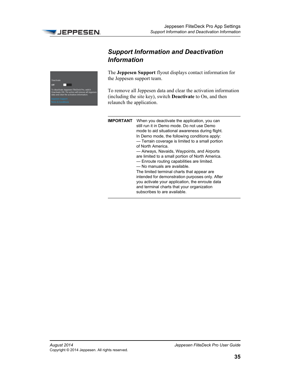 Support information and deactivation information | Jeppesen FliteDeck Pro 8 (Windows 8.1) User Manual | Page 40 / 40