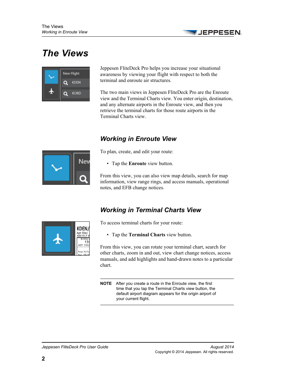 The views, Working in enroute view, Working in terminal charts view | Jeppesen FliteDeck Pro 8 (Windows 8.1) User Manual | Page 7 / 40