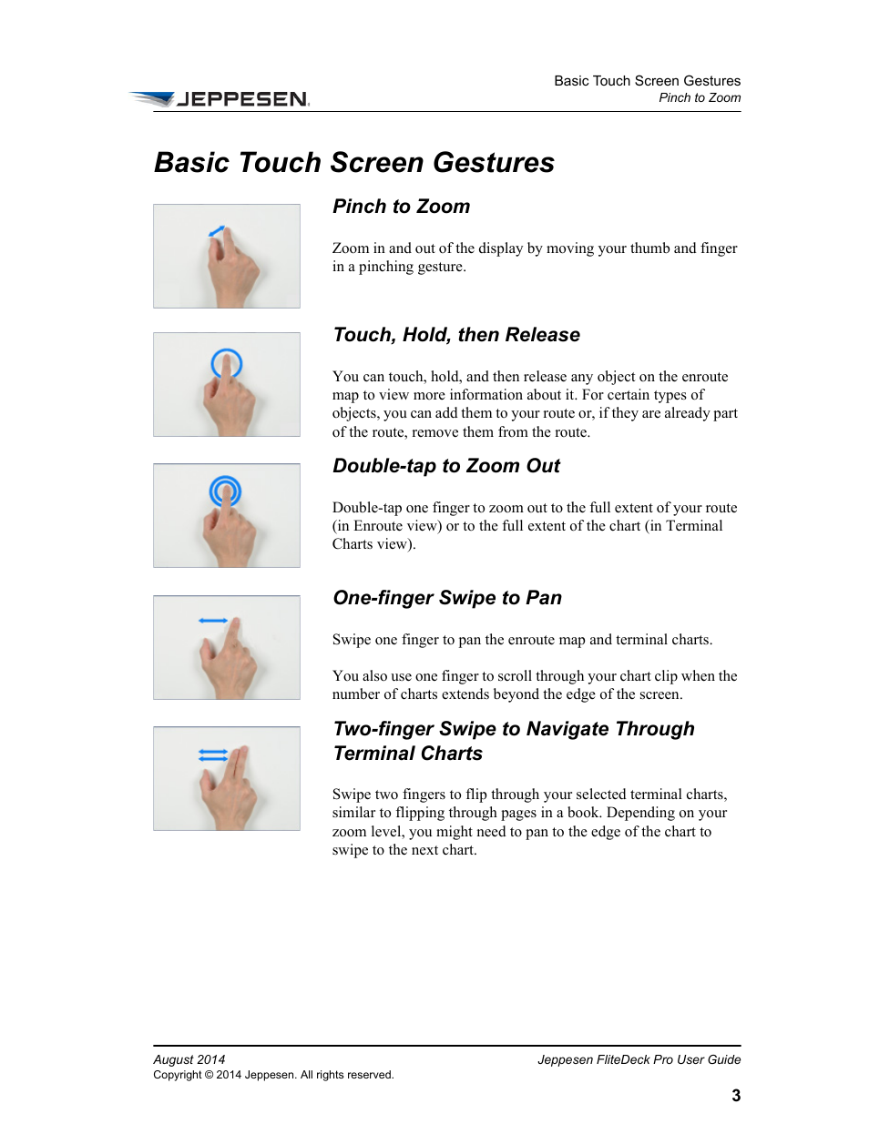 Basic touch screen gestures, Pinch to zoom, Touch, hold, then release | Double-tap to zoom out, One-finger swipe to pan | Jeppesen FliteDeck Pro 8 (Windows 8.1) User Manual | Page 8 / 40