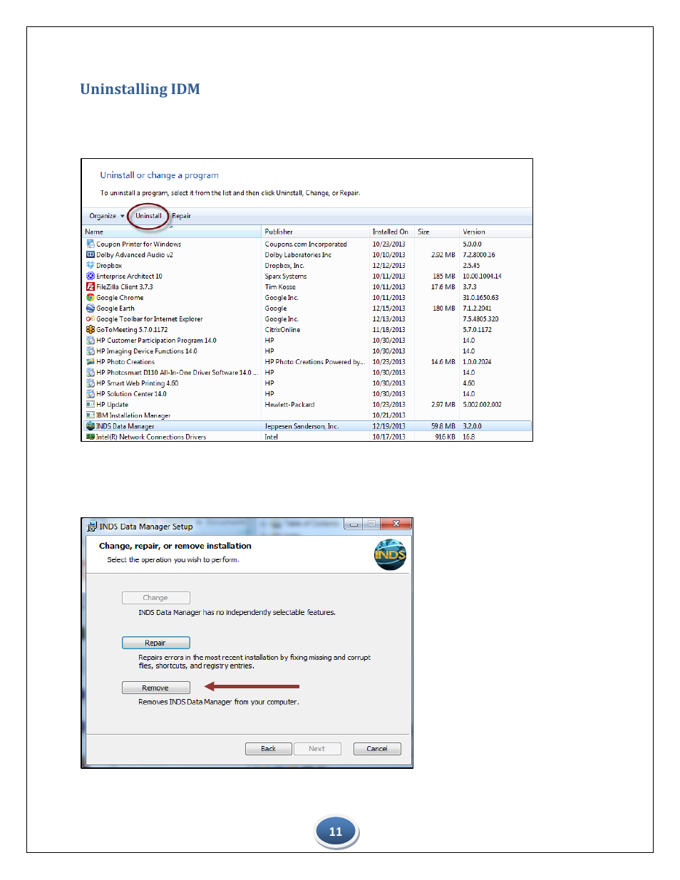 Uninstalling idm | Jeppesen INDS Data Manager for Windows User Manual | Page 11 / 12