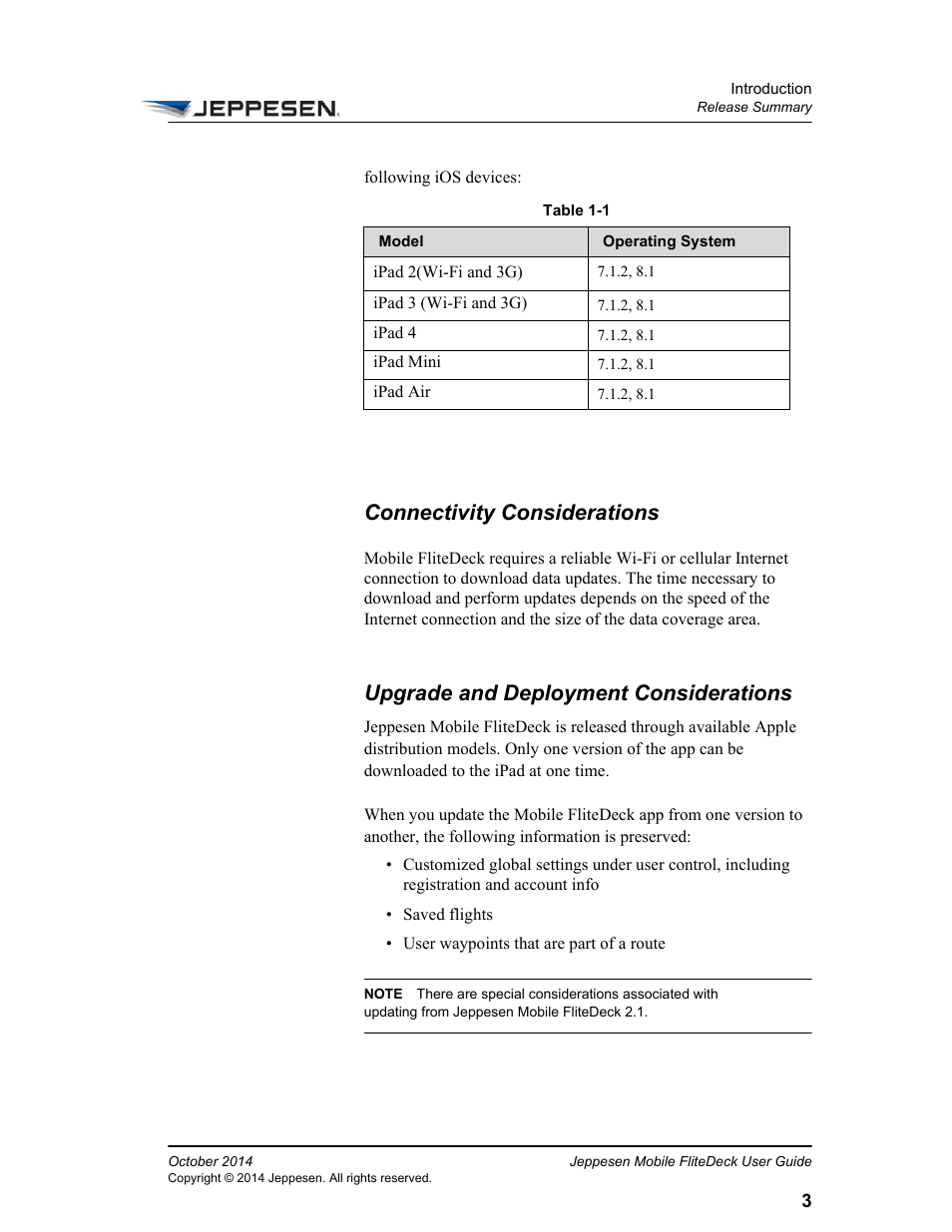 Connectivity considerations, Upgrade and deployment considerations | Jeppesen Mobile FliteDeck for iPad User Manual | Page 10 / 63