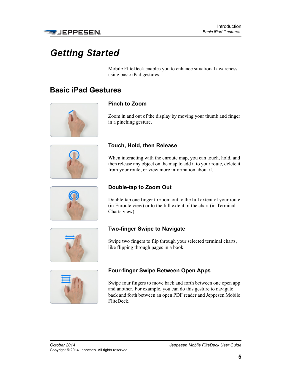 Getting started, Basic ipad gestures | Jeppesen Mobile FliteDeck for iPad User Manual | Page 12 / 63
