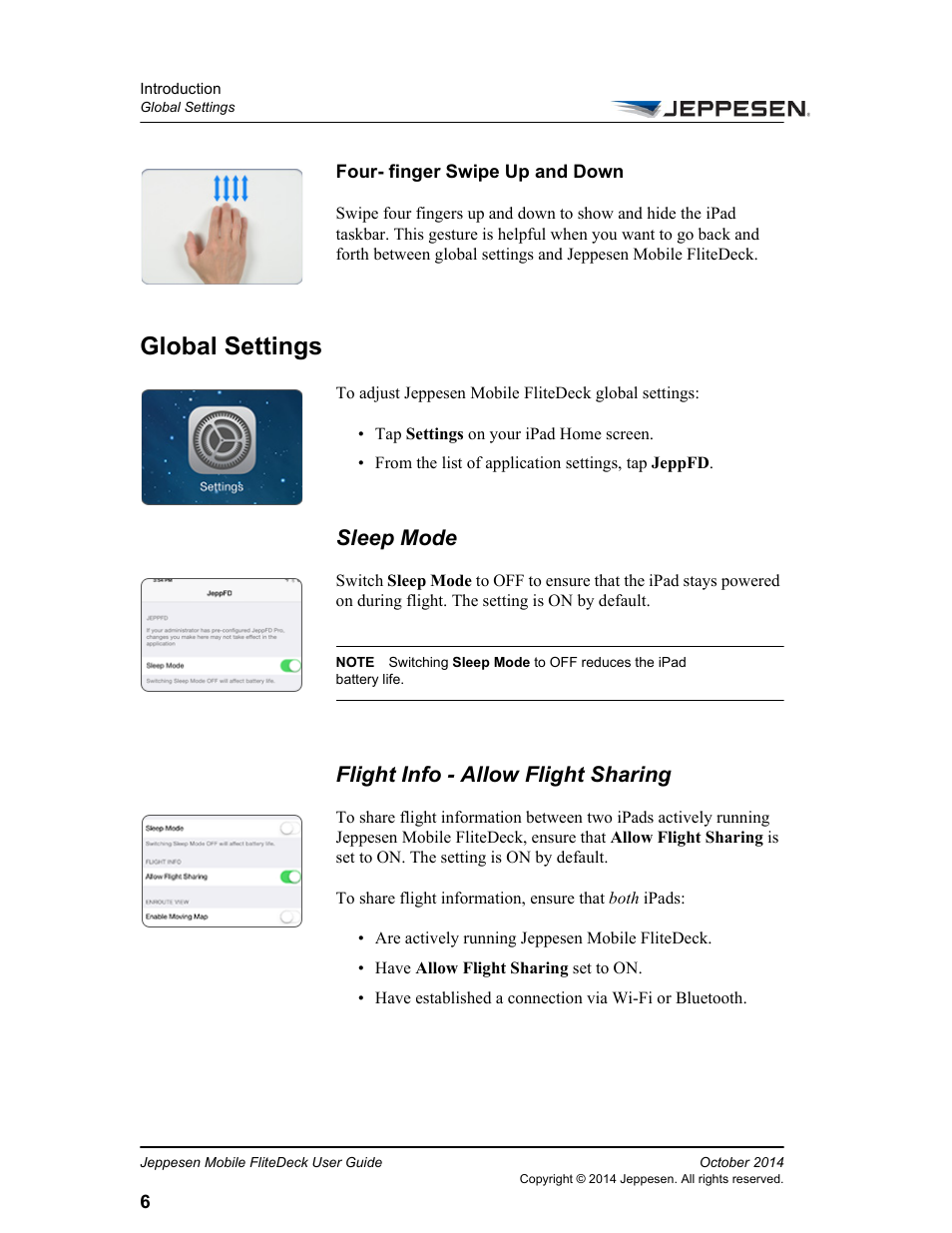 Global settings, Sleep mode, Flight info - allow flight sharing | Sleep mode flight info - allow flight sharing | Jeppesen Mobile FliteDeck for iPad User Manual | Page 13 / 63