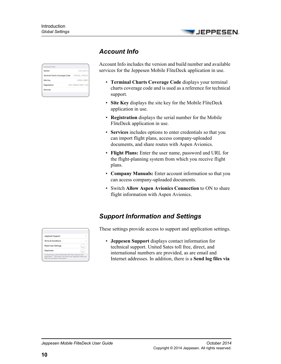 Account info, Support information and settings | Jeppesen Mobile FliteDeck for iPad User Manual | Page 17 / 63