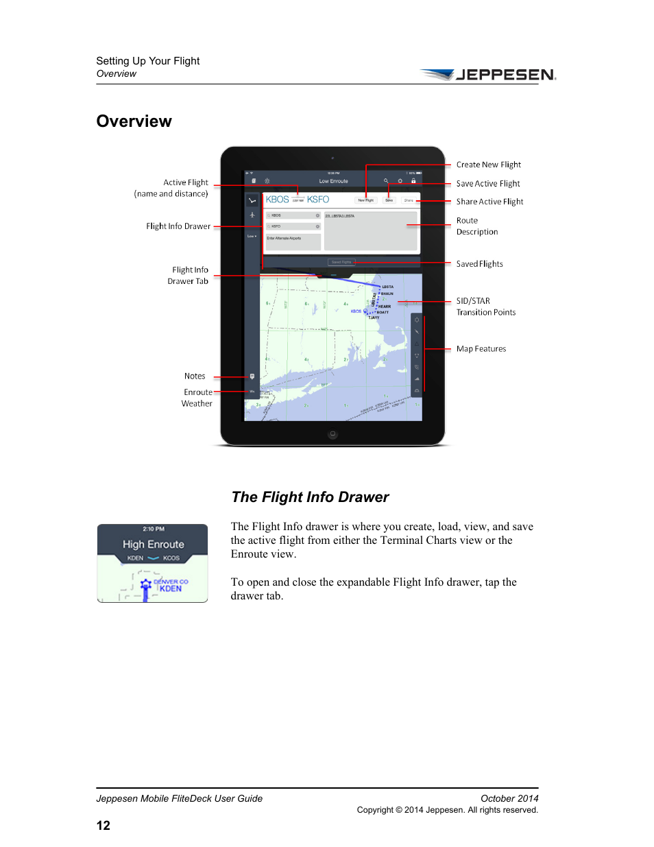 Overview, The flight info drawer | Jeppesen Mobile FliteDeck for iPad User Manual | Page 19 / 63