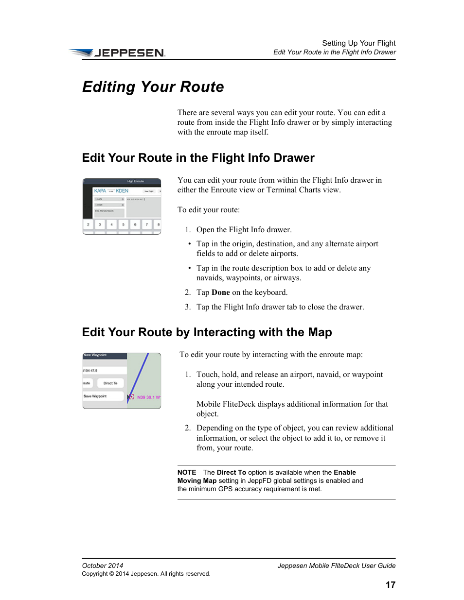 Editing your route, Edit your route in the flight info drawer, Edit your route by interacting with the map | Jeppesen Mobile FliteDeck for iPad User Manual | Page 24 / 63