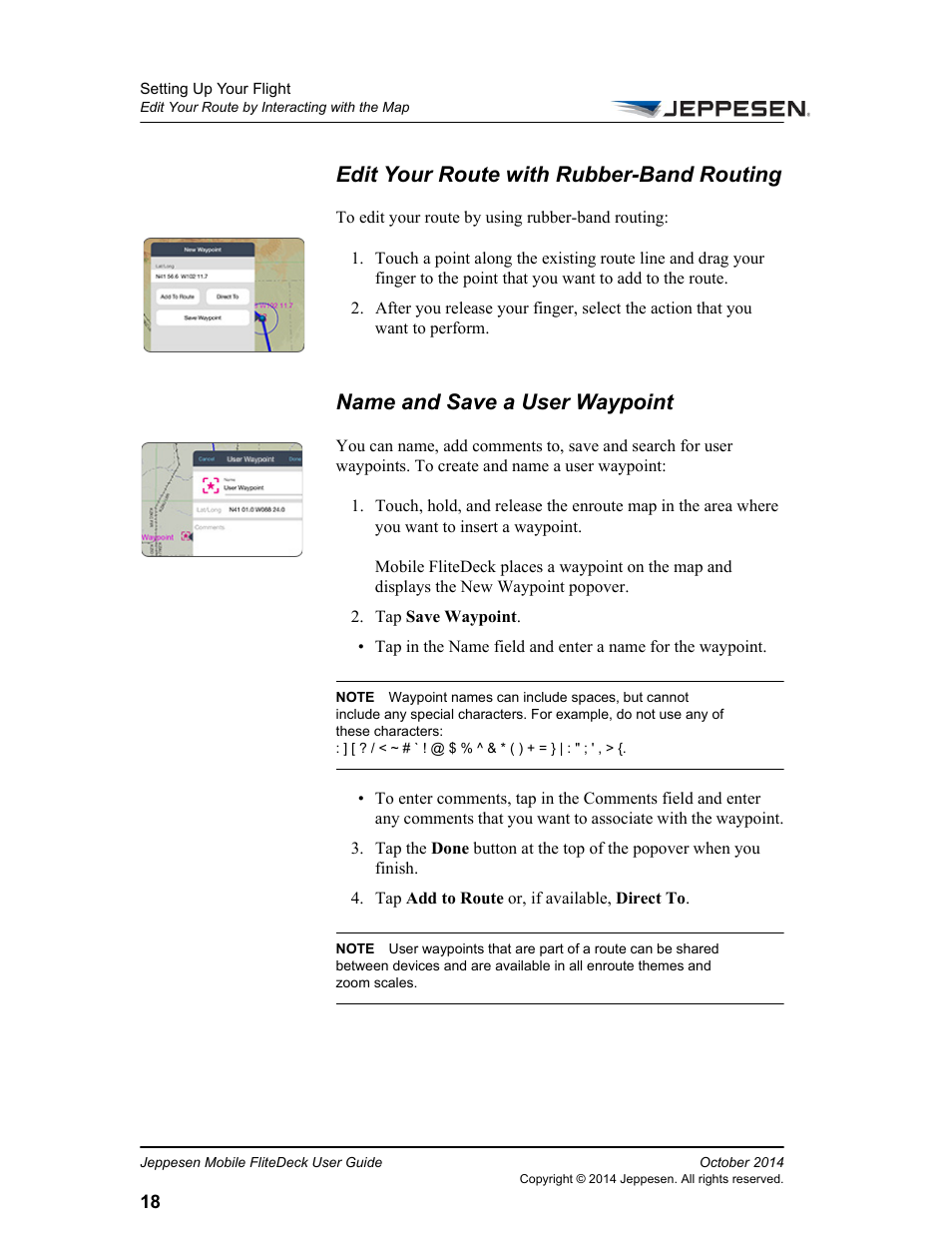 Edit your route with rubber-band routing, Name and save a user waypoint | Jeppesen Mobile FliteDeck for iPad User Manual | Page 25 / 63
