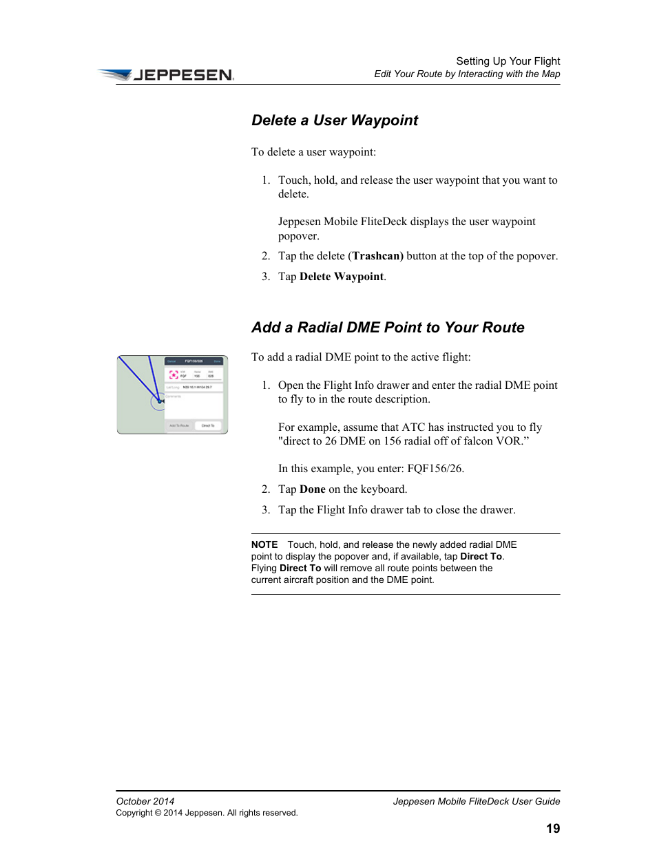 Delete a user waypoint, Add a radial dme point to your route | Jeppesen Mobile FliteDeck for iPad User Manual | Page 26 / 63