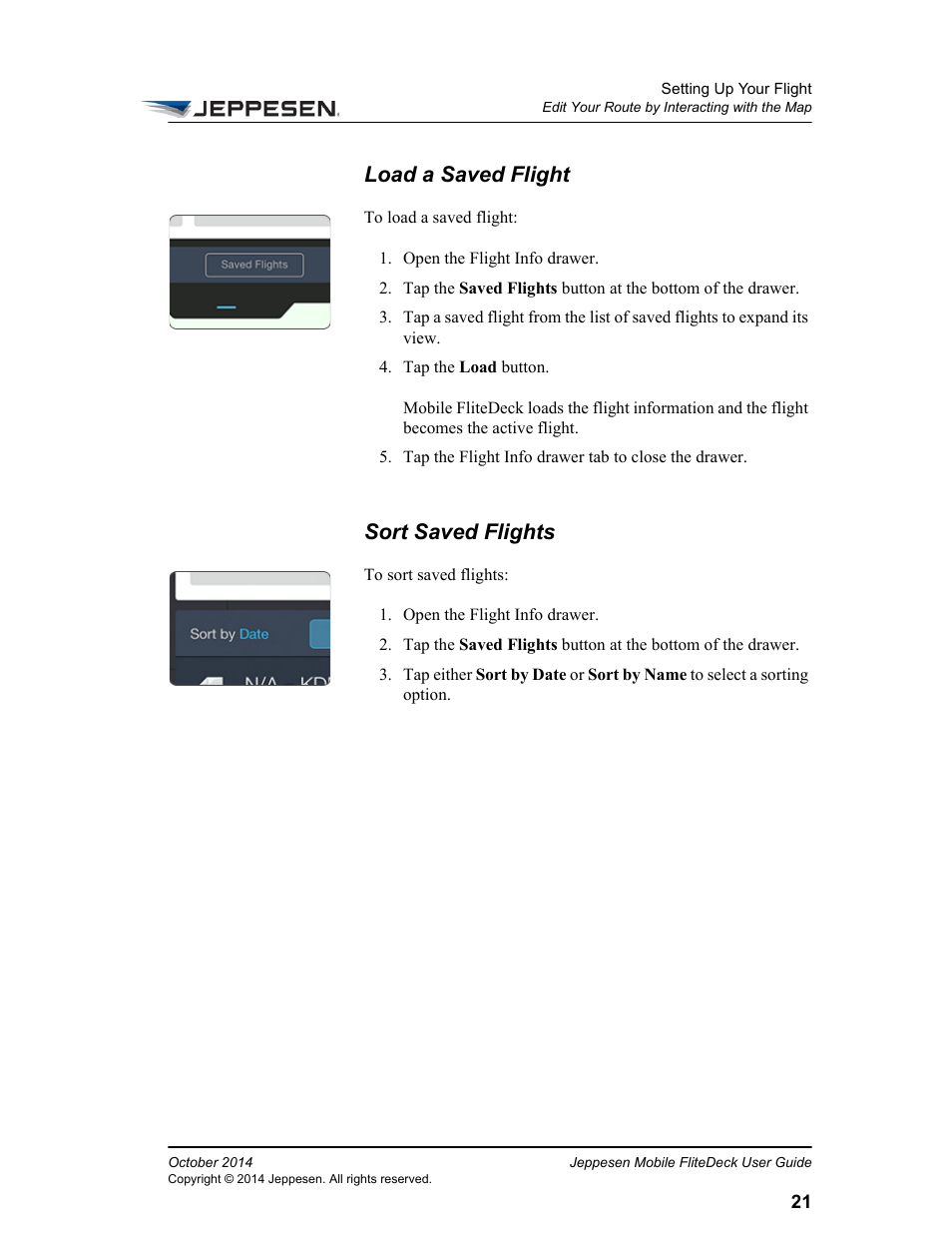 Load a saved flight, Sort saved flights | Jeppesen Mobile FliteDeck for iPad User Manual | Page 28 / 63