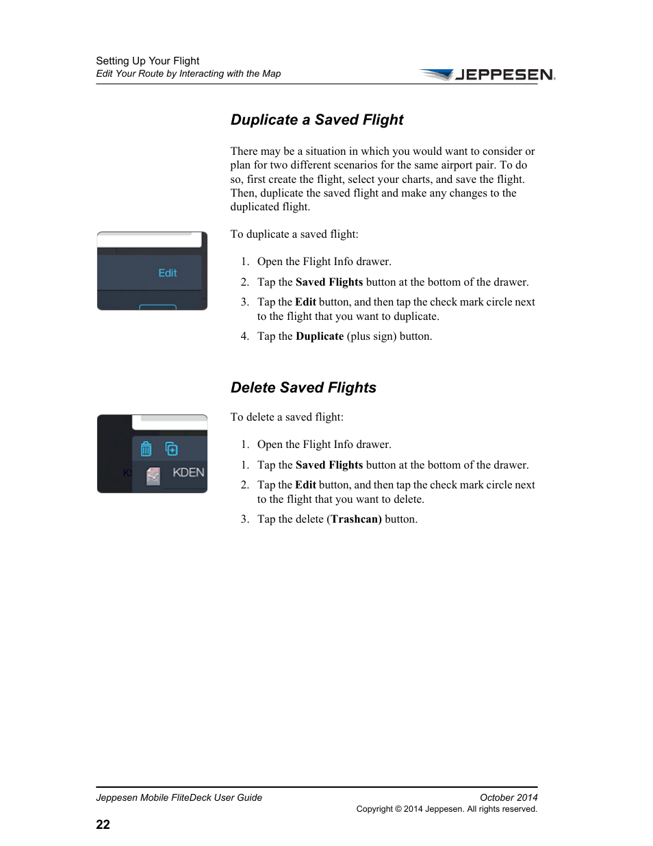 Duplicate a saved flight, Delete saved flights | Jeppesen Mobile FliteDeck for iPad User Manual | Page 29 / 63