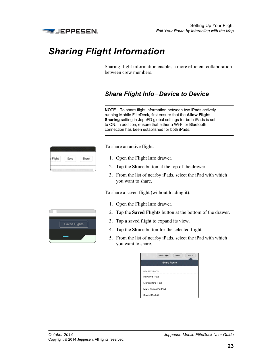 Sharing flight information, Share flight info – device to device, Share flight info | Device to device | Jeppesen Mobile FliteDeck for iPad User Manual | Page 30 / 63