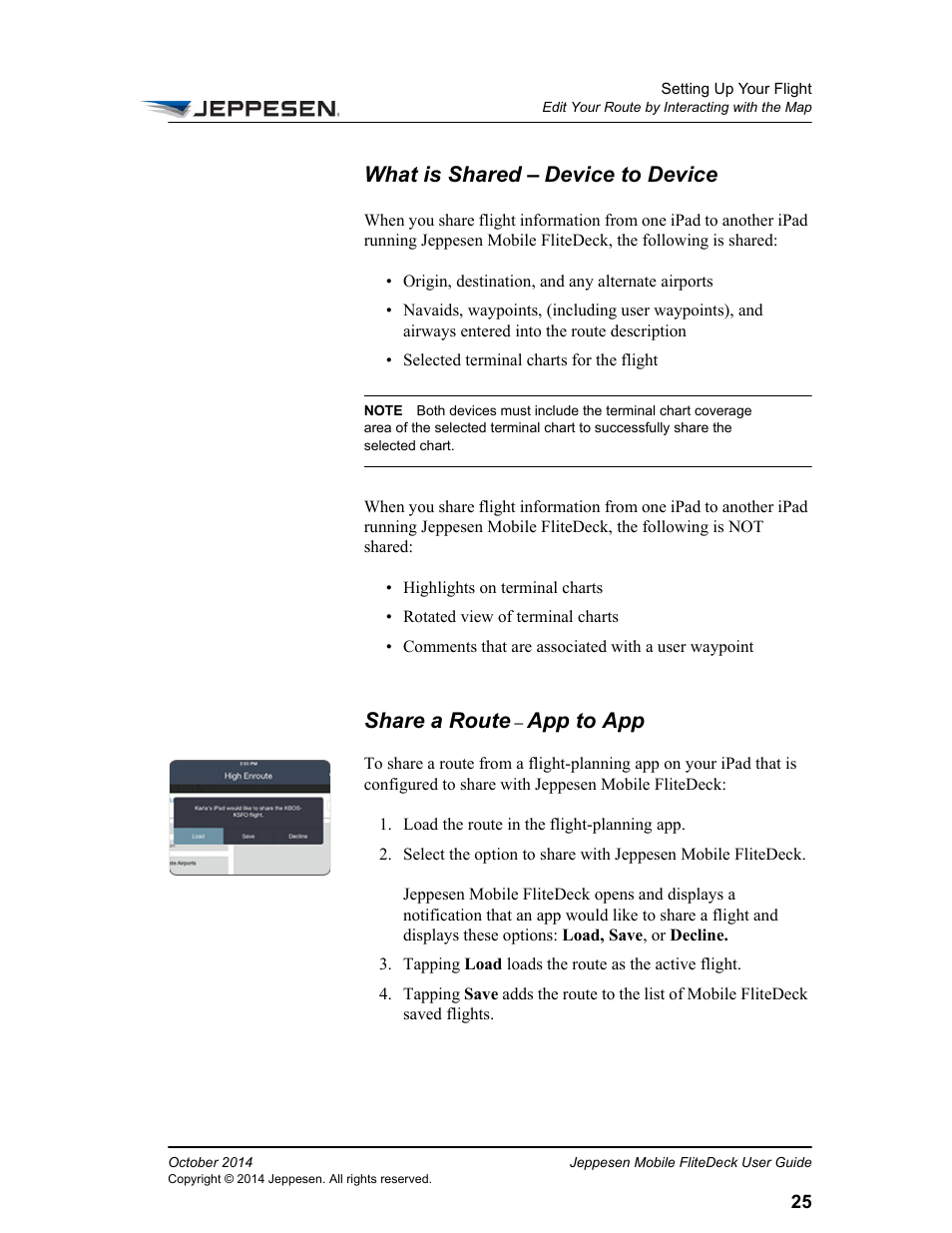 What is shared – device to device, Share a route – app to app, Share a route | App to app | Jeppesen Mobile FliteDeck for iPad User Manual | Page 32 / 63