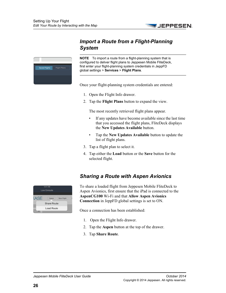 Import a route from a flight-planning system, Sharing a route with aspen avionics | Jeppesen Mobile FliteDeck for iPad User Manual | Page 33 / 63