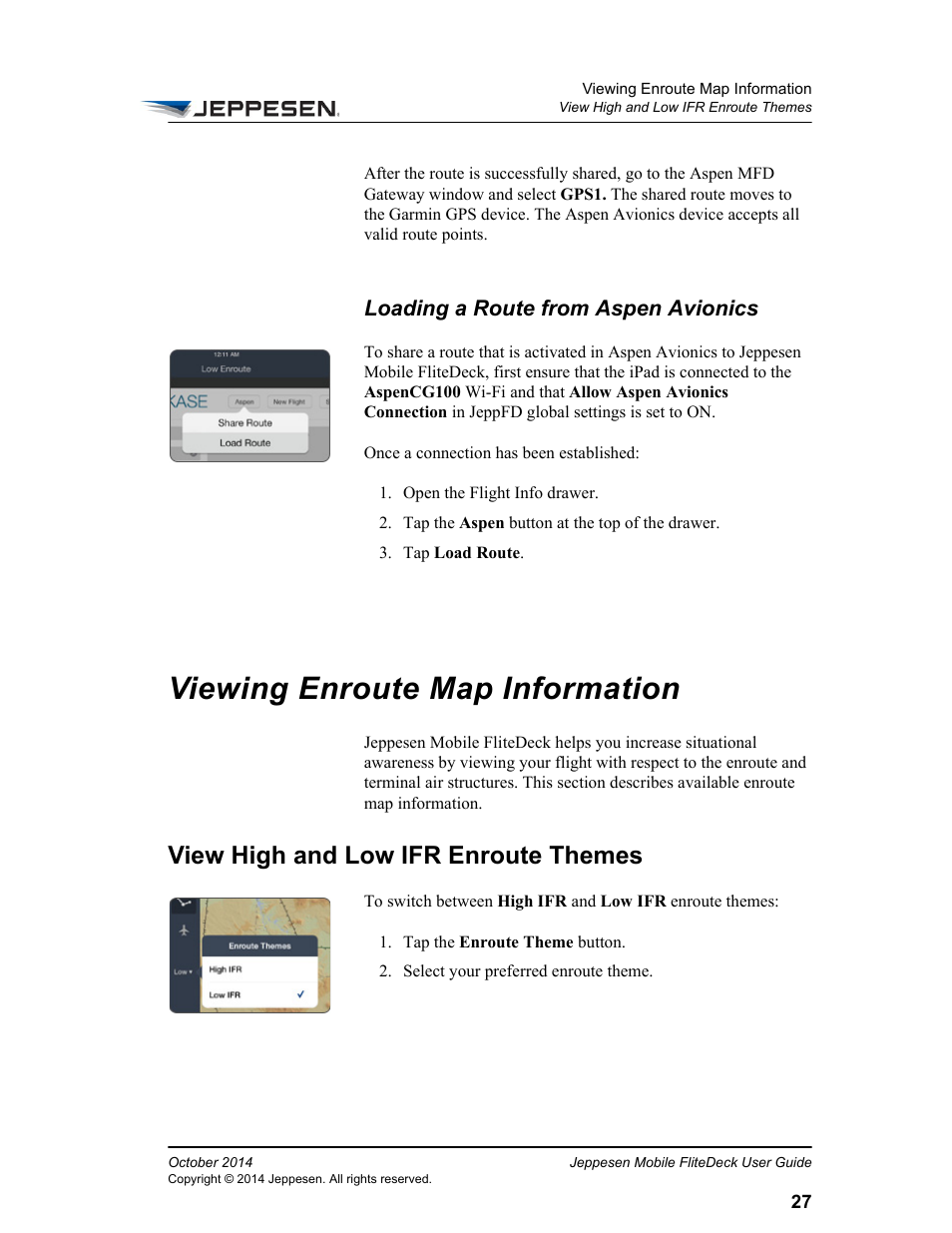 Loading a route from aspen avionics, Viewing enroute map information, View high and low ifr enroute themes | Jeppesen Mobile FliteDeck for iPad User Manual | Page 34 / 63