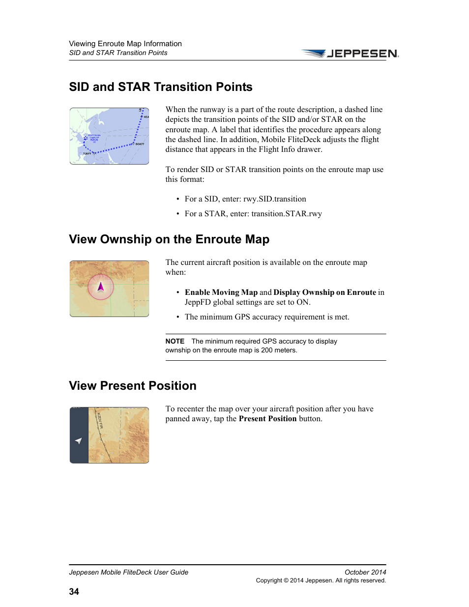 Sid and star transition points, View ownship on the enroute map, View present position | Jeppesen Mobile FliteDeck for iPad User Manual | Page 41 / 63