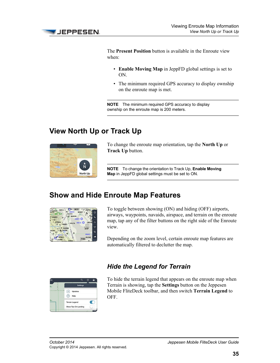 View north up or track up, Show and hide enroute map features, Hide the legend for terrain | Jeppesen Mobile FliteDeck for iPad User Manual | Page 42 / 63