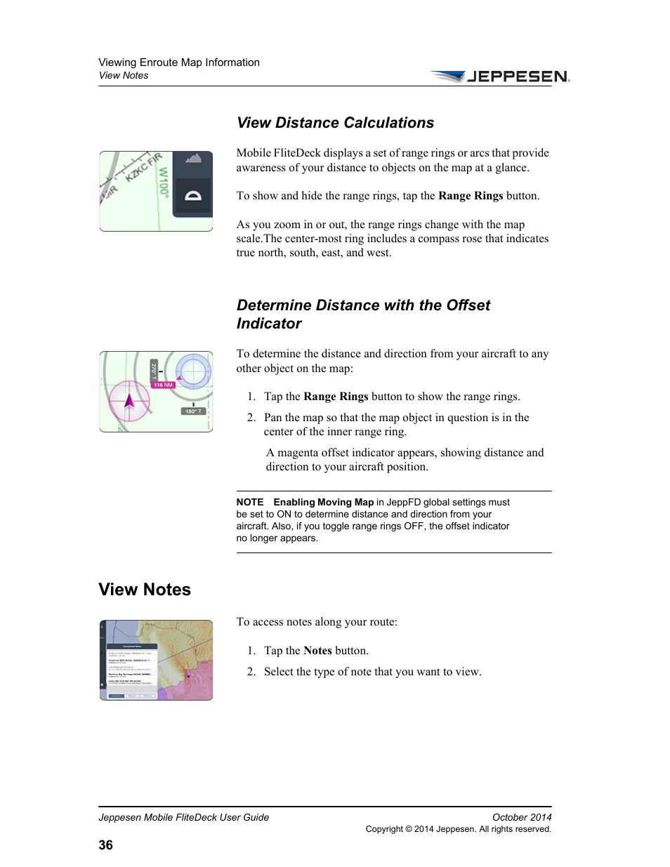 View distance calculations, Determine distance with the offset indicator, View notes | Jeppesen Mobile FliteDeck for iPad User Manual | Page 43 / 63