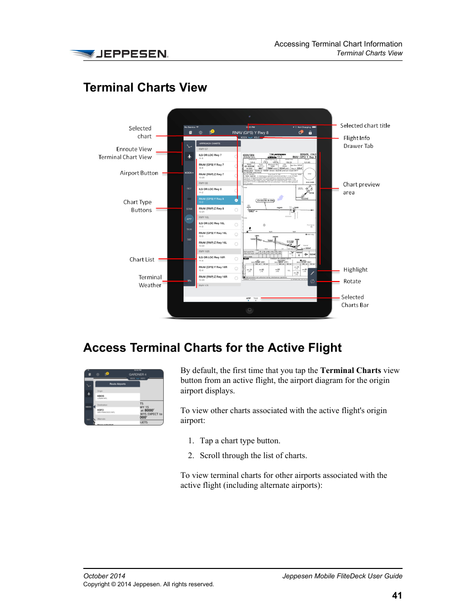 Terminal charts view, Access terminal charts for the active flight | Jeppesen Mobile FliteDeck for iPad User Manual | Page 48 / 63