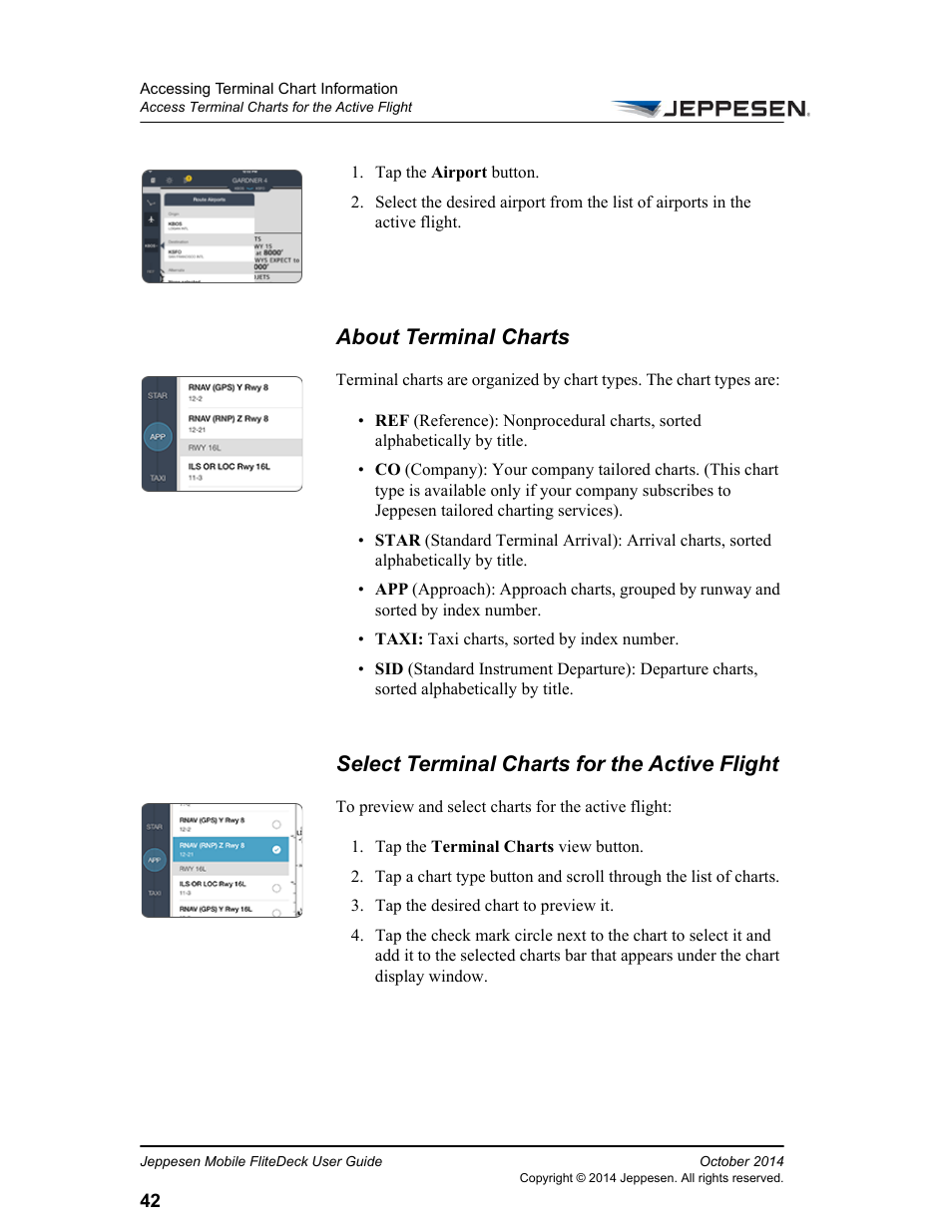 About terminal charts, Select terminal charts for the active flight | Jeppesen Mobile FliteDeck for iPad User Manual | Page 49 / 63