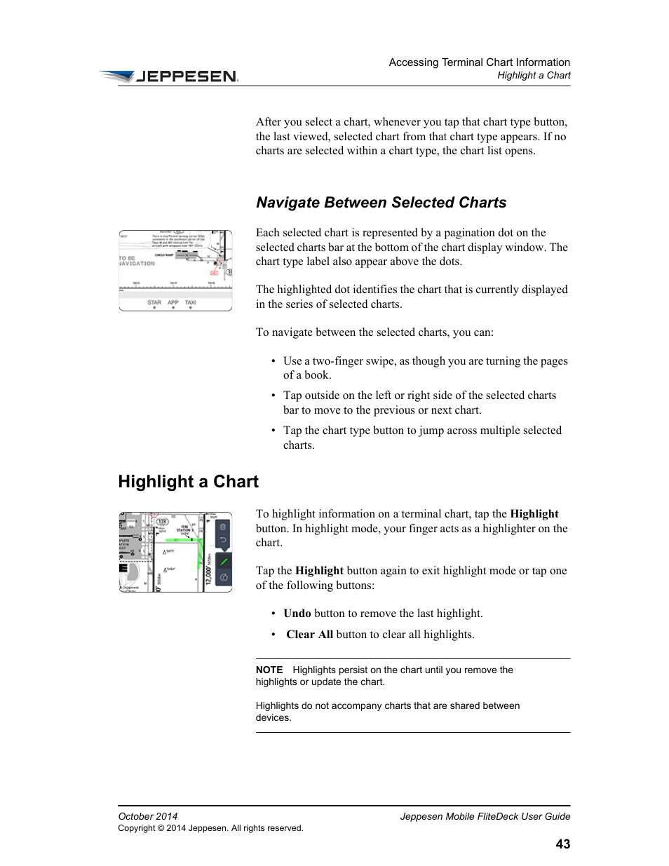 Navigate between selected charts, Highlight a chart | Jeppesen Mobile FliteDeck for iPad User Manual | Page 50 / 63