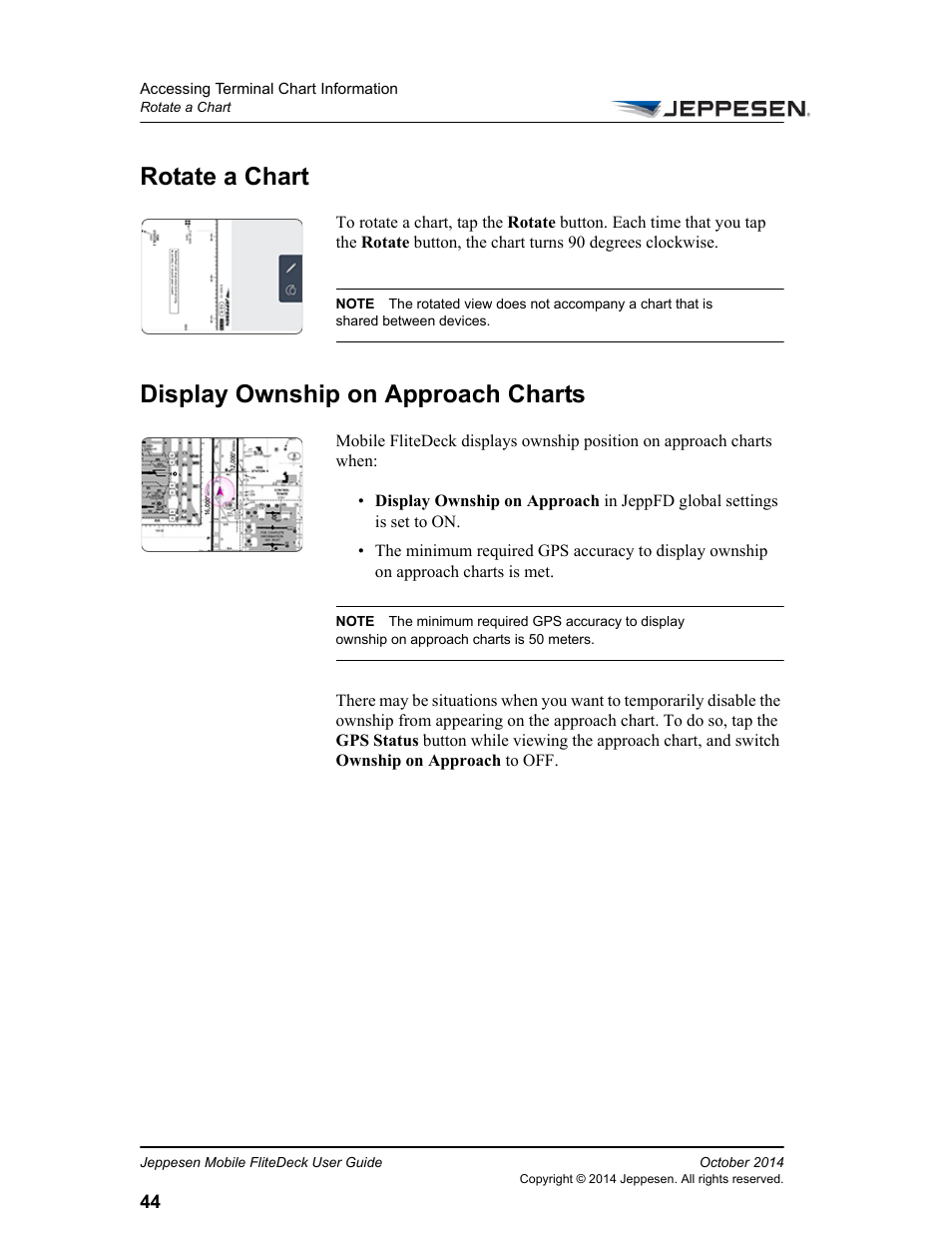 Rotate a chart, Display ownship on approach charts, Rotate a chart display ownship on approach charts | Jeppesen Mobile FliteDeck for iPad User Manual | Page 51 / 63