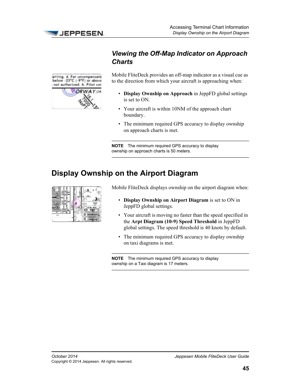 Viewing the off-map indicator on approach charts, Display ownship on the airport diagram | Jeppesen Mobile FliteDeck for iPad User Manual | Page 52 / 63