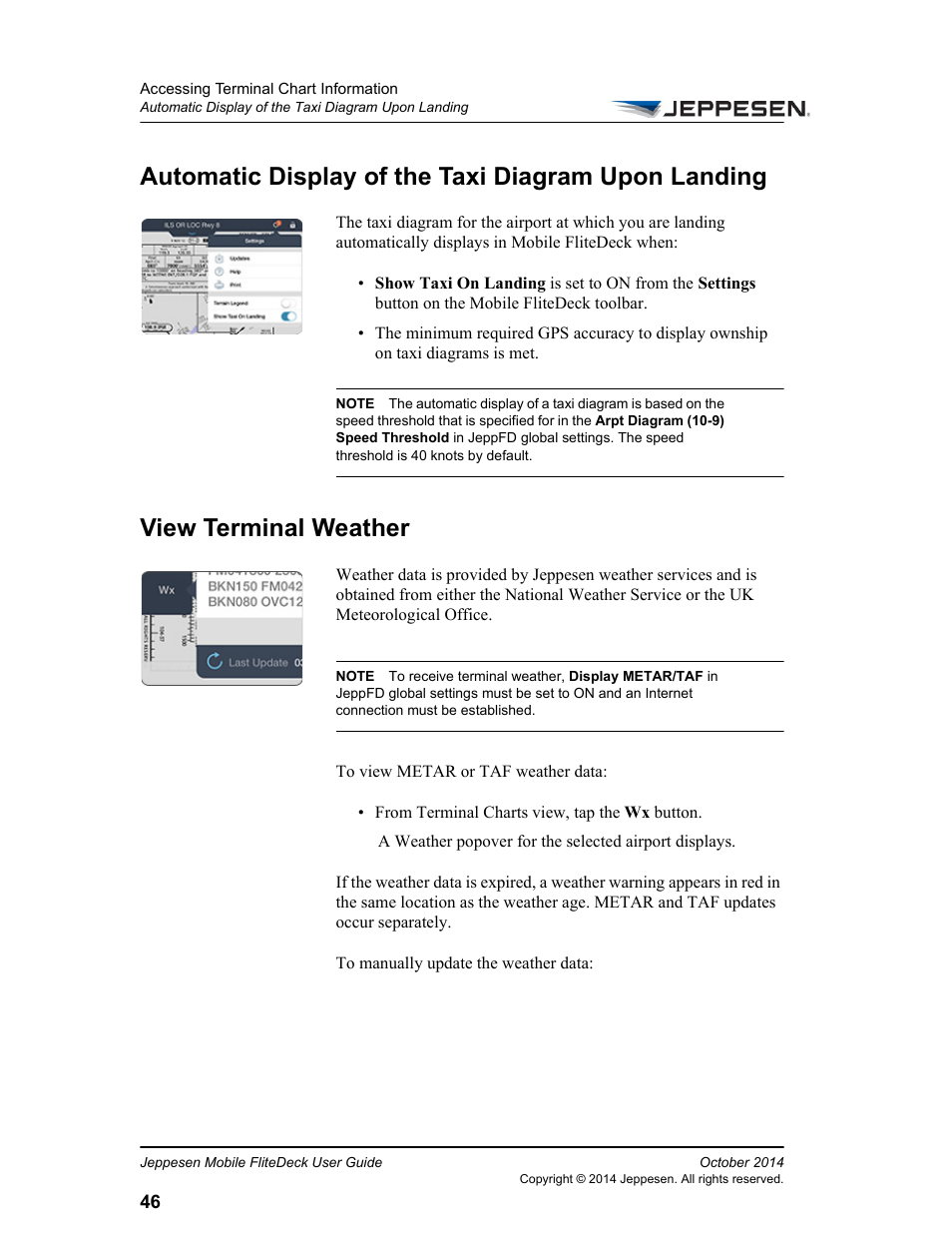 Automatic display of the taxi diagram upon landing, View terminal weather | Jeppesen Mobile FliteDeck for iPad User Manual | Page 53 / 63