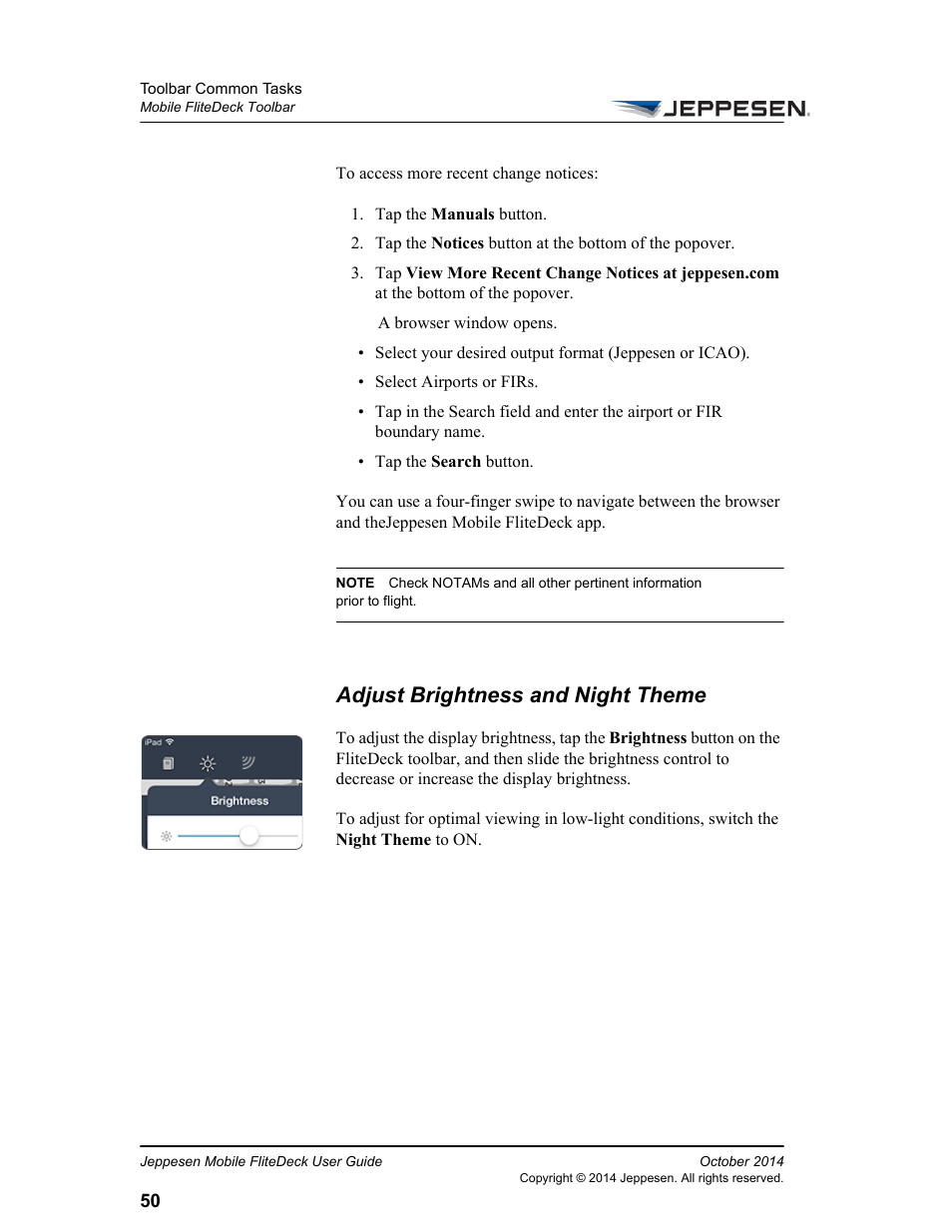 Adjust brightness and night theme | Jeppesen Mobile FliteDeck for iPad User Manual | Page 57 / 63