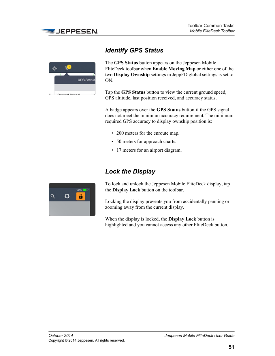 Identify gps status, Lock the display | Jeppesen Mobile FliteDeck for iPad User Manual | Page 58 / 63