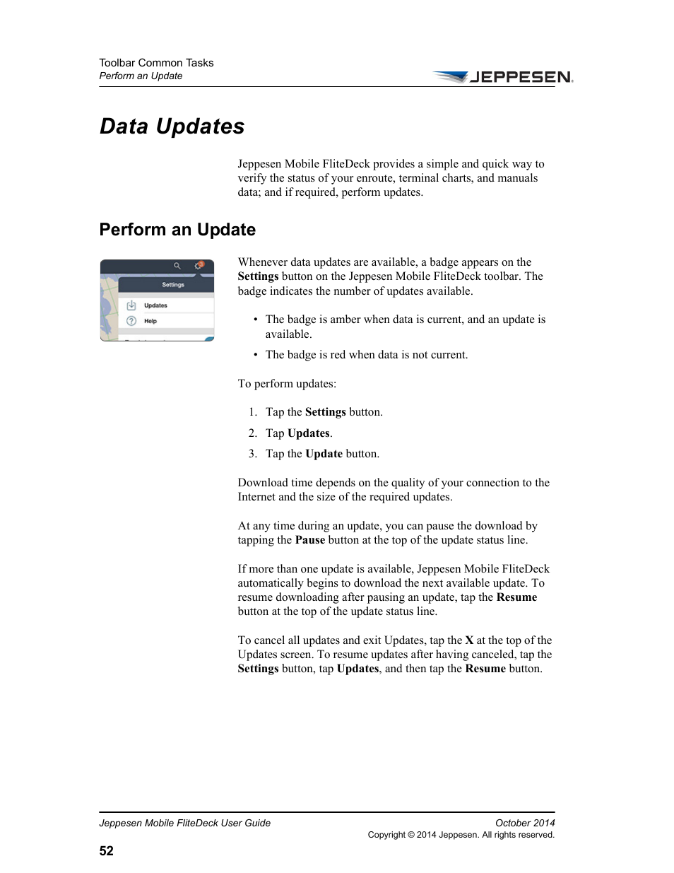 Data updates, Perform an update | Jeppesen Mobile FliteDeck for iPad User Manual | Page 59 / 63