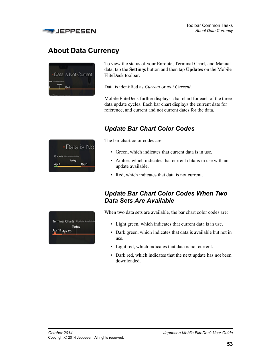 About data currency, Update bar chart color codes | Jeppesen Mobile FliteDeck for iPad User Manual | Page 60 / 63