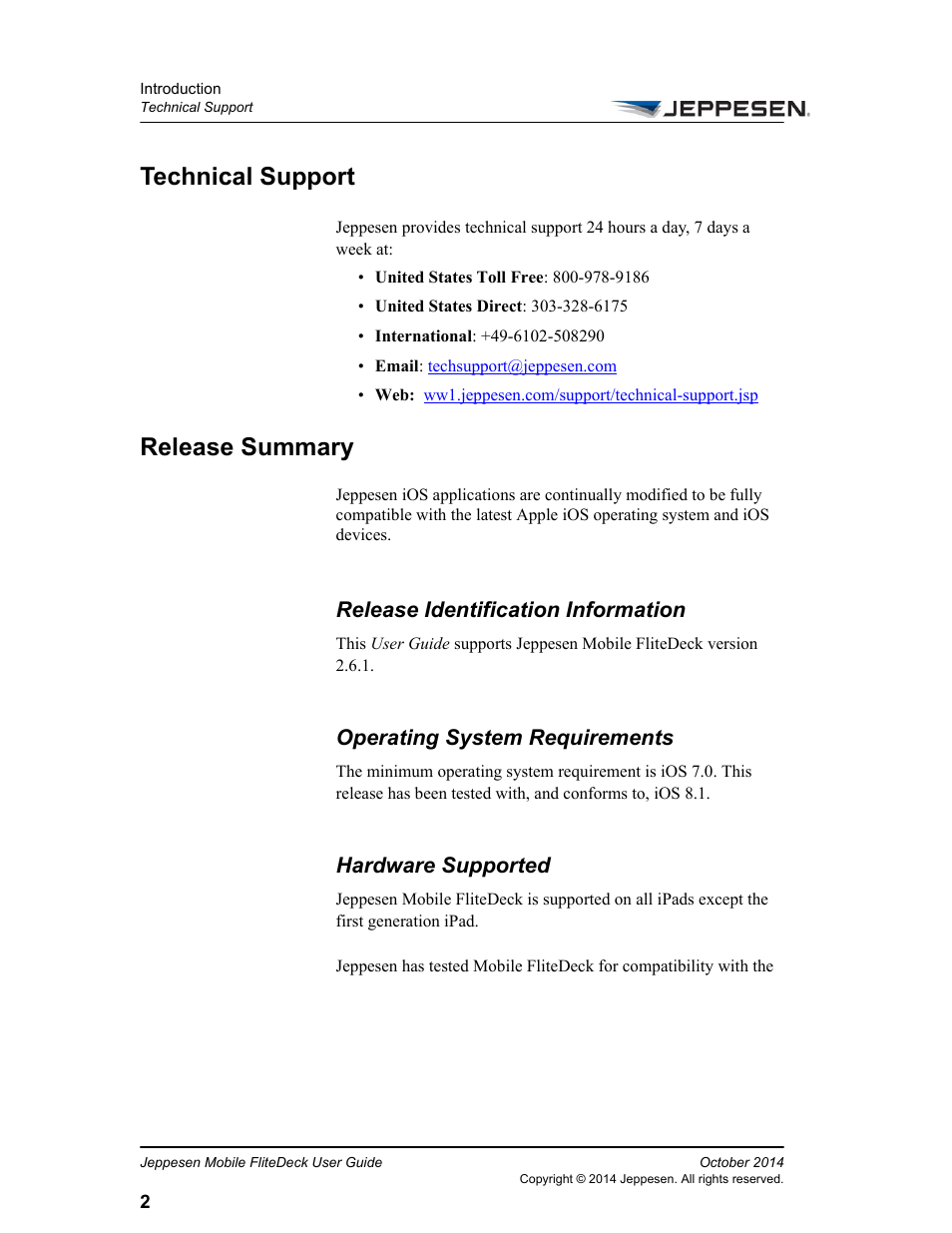 Technical support, Release summary, Release identification information | Operating system requirements, Hardware supported, Technical support release summary | Jeppesen Mobile FliteDeck for iPad User Manual | Page 9 / 63